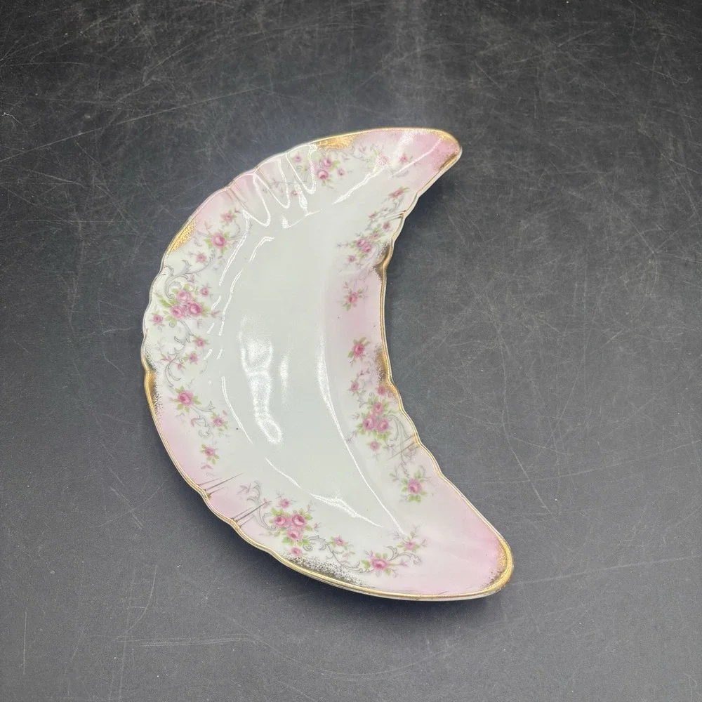 Lefton China Trinket Dish Dainty Pink Rose, Gold Trim Crescent‎ Shape
